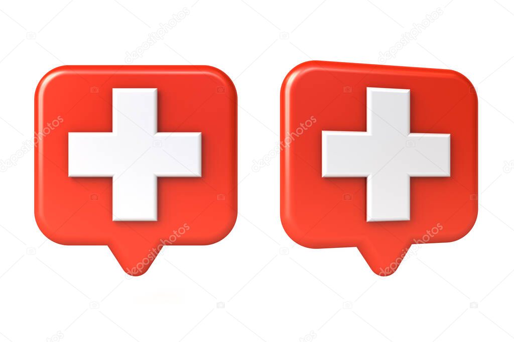 Medical cross or white plus sign in red rounded square speech bubble pin isolated on white background 3D rendering