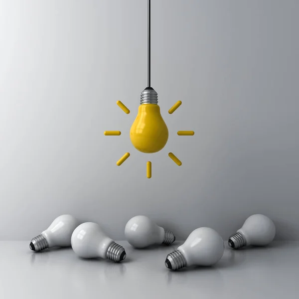 群衆から目立つアイデアハンギング電球白の背景に薄暗い照明のない白い電球ビジネス創造的なアイデアのコンセプト3Dレンダリング — ストック写真