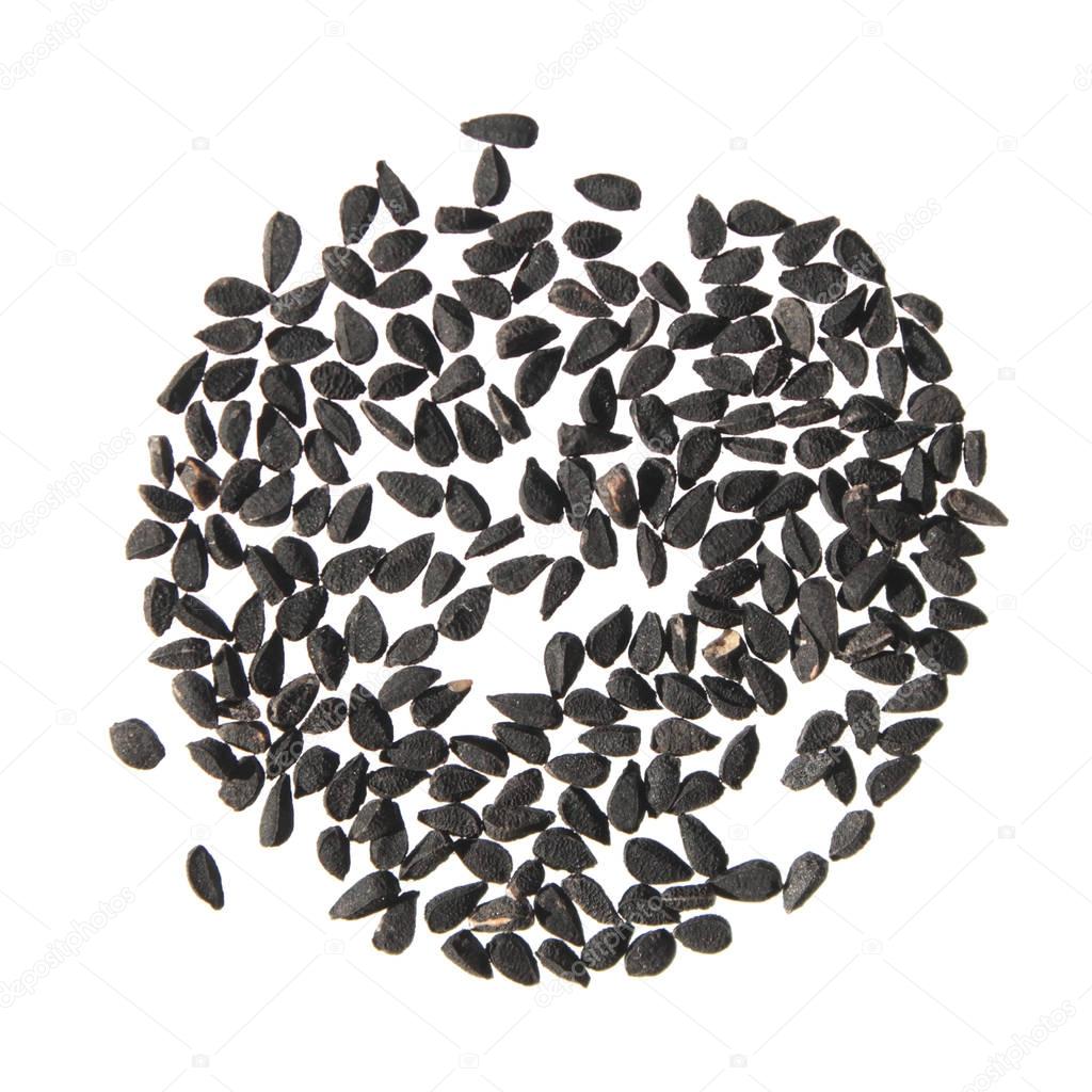 Nigella sativa (black-caraway) seeds on white background