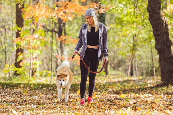 Девушка гуляет в парке со своей собакой — стоковое фото