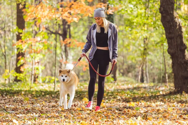 Flicka och hennes hund promenader i parken — Stockfoto