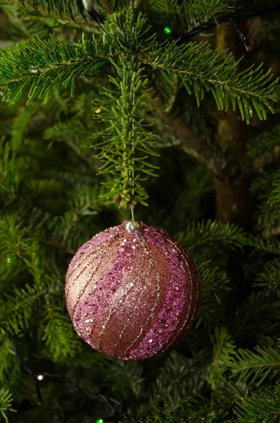 Close up van paarse kerstboom decoraties — Stockfoto