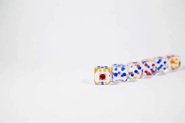 Colorful six dice isolated on white background — Stock Photo, Image
