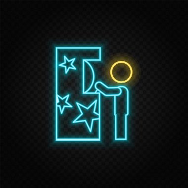Çocuk, oyuncu, oyun, retro neon ikon. Mavi ve sarı neon vektör ikonu. Vektör şeffaf arkaplan