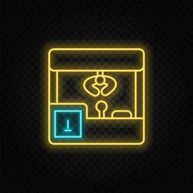 Pençe makinesi, oyun, retro neon ikon. Mavi ve sarı neon vektör ikonu. Vektör şeffaf arkaplan