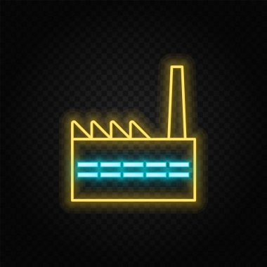 Bina, fabrika neon vektör ikonu. Mavi ve sarı neon vektör ikonu. Vektör şeffaf arkaplan
