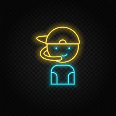 Oyuncu, çocuk, retro, atari salonu neon ikonu. Mavi ve sarı neon vektör ikonu. Vektör şeffaf arkaplan