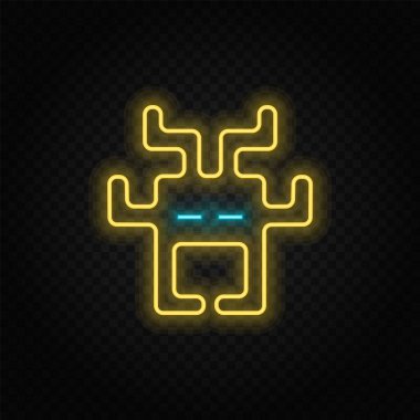 Uzaylılar, atari salonu, retro neon ikonu. Mavi ve sarı neon vektör ikonu. Vektör şeffaf arkaplan