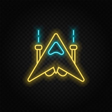 Sallanan gemi, uzay aracı, retro neon ikonu. Mavi ve sarı neon vektör ikonu. Vektör şeffaf arkaplan