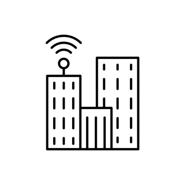 İletişim, televizyon, bina ikonu, vektör. Beyaz arkaplanda yapay zeka