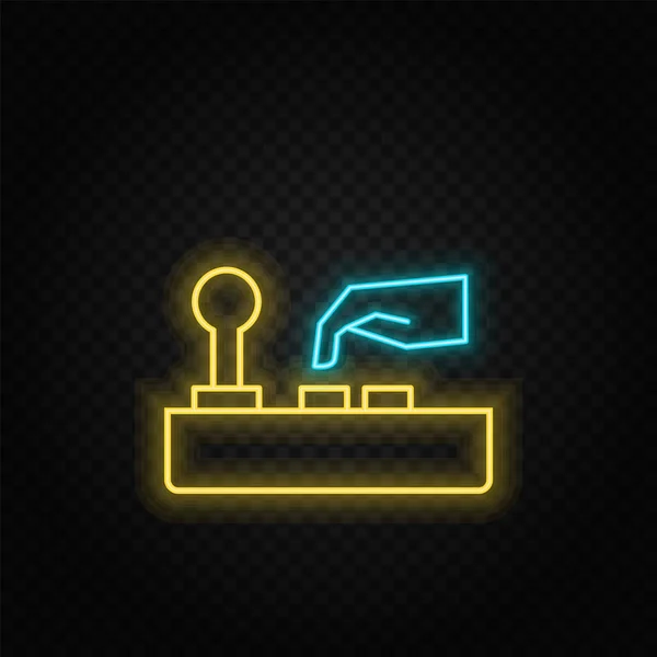 アーケード ジョイスティック ゲームネオンアイコン 青と黄色のネオンベクトルアイコン ベクトル透明背景 — ストックベクタ
