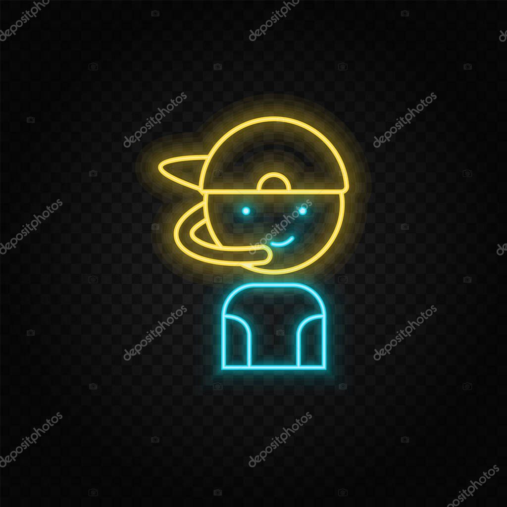 Gamer, boy, retro, arcade neon icon. Blue and yellow neon vector icon. Vector transparent background