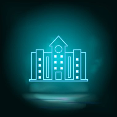 Bulding, neon mavisi. Mavi neon, vektör vektör vektör arkaplanı oluşturuluyor