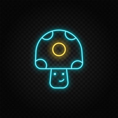 Video oyunu, mantar, retro, atari salonu neon ikonu. Mavi ve sarı neon vektör ikonu. Vektör şeffaf arkaplan