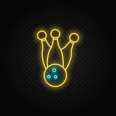 Bowling, lobutlar, top, retro neon ikon. Mavi ve sarı neon vektör ikonu. Vektör şeffaf arkaplan