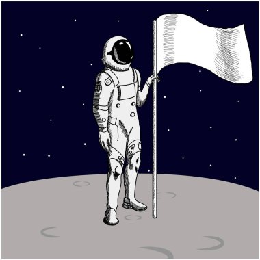 Bayraklı astronot Ay 'da duruyor. El çizimi vektör illüstrasyonu