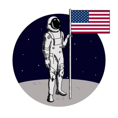 Ay yüzeyinde uzay yürüyüşü. ABD 'li astronot Ay' ı keşfetti ve Amerikan bayrağını dikti..