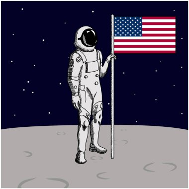 Ay yüzeyinde uzay yürüyüşü. ABD 'li astronot Ay' ı keşfetti ve Amerikan bayrağını dikti..