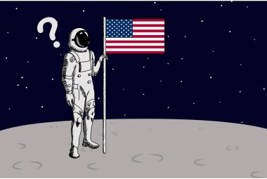 ABD Astronotu Ay vektör illüstrasyonunda bayrağı kaldırdı. Aydaki ABD astronotunu sorgula.