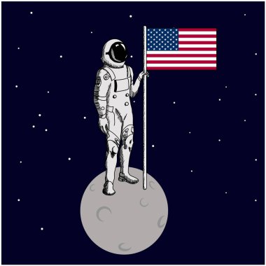 Ay yüzeyinde uzay yürüyüşü. ABD 'li astronot Ay' ı keşfetti ve Amerikan bayrağını dikti..