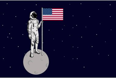 Ay yüzeyinde uzay yürüyüşü. ABD 'li astronot Ay' ı keşfetti ve Amerikan bayrağını dikti..