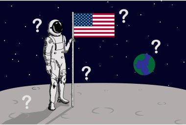 ABD Astronotu Ay vektör illüstrasyonunda bayrağı kaldırdı. Aydaki ABD astronotunu sorgula.