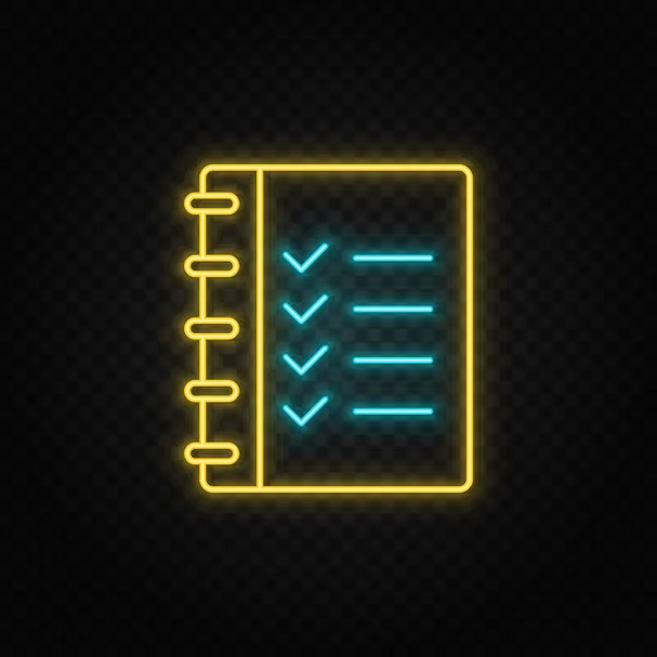 Checkliste Liste Neon Symbol Blaues Und Gelbes Neon Vektorsymbol Transparenter — Stockvektor