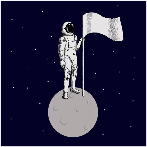 Platt Design Astronaut Stå Månen Med Flagga Vektor Illustration Infographic — Stock vektor