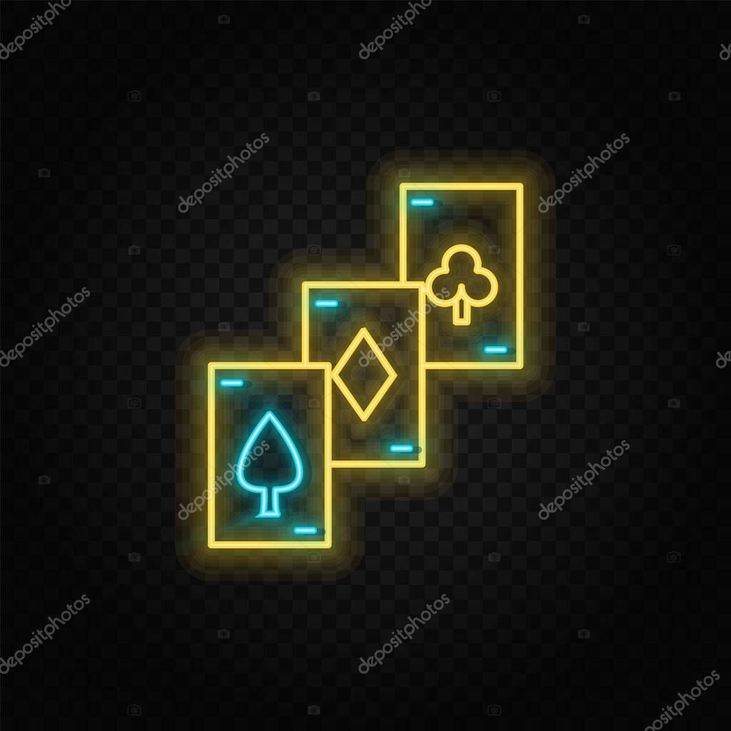 Cards, poker, casino, retro neon icon. Blue and yellow neon vector icon. Vector transparent background
