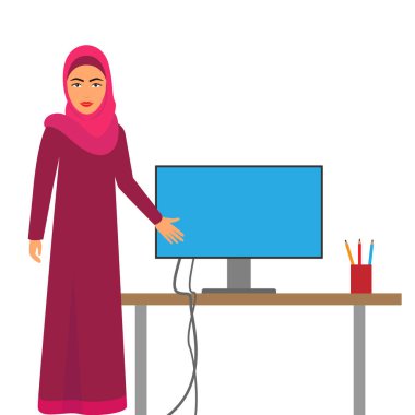 İşteki müslüman kadın, ofis masasındaki vektör Arap iş karakteri bilgisayar, Suudi karikatür iş kadını
