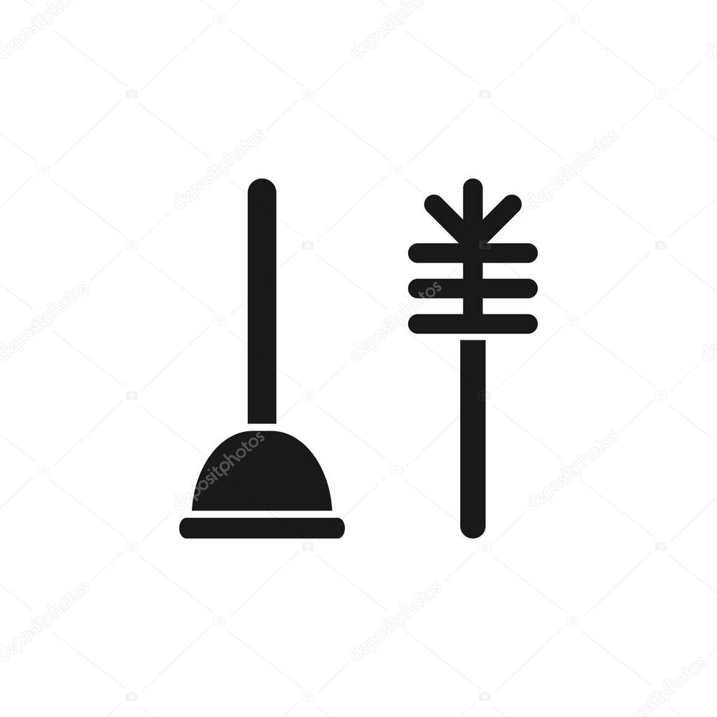 Toilet Plunger with Brush, Bathroom Clean Equipment. Flat Vector Icon illustration. Simple black symbol on white background. Toilet Plunger and Brush sign design template