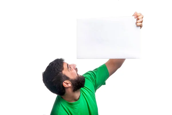 Человек Зеленой Футболке Бородой Держит Белый Фон Надписи — стоковое фото