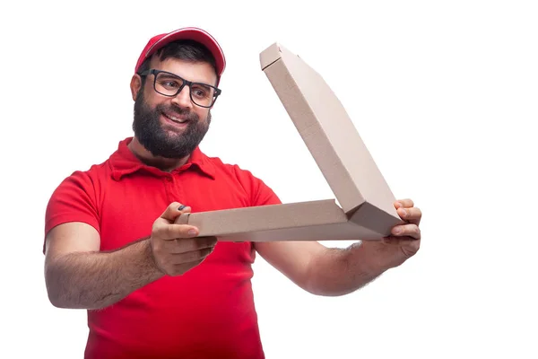 Uomo Con Barba Tiene Una Scatola Una Shirt Rossa Cappello — Foto Stock