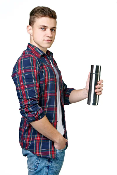 Jeune Homme Avec Thermos Dans Les Mains — Photo