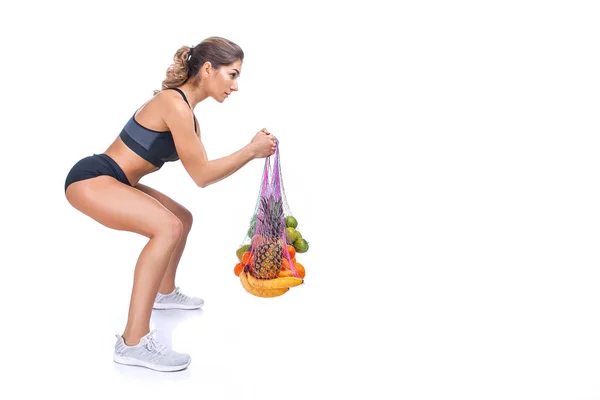 Woman Athlete White Background Fruits — 스톡 사진