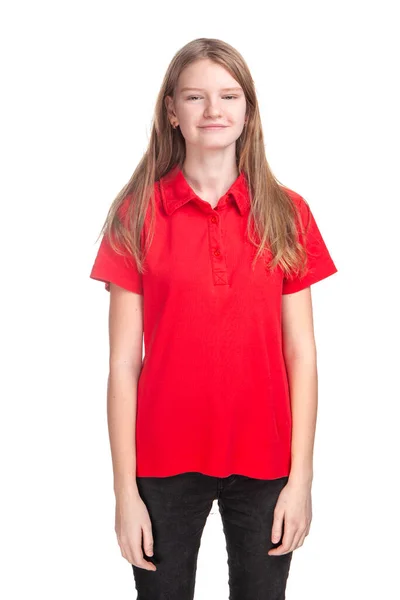 Adolescente Chica Una Camiseta Roja Sobre Fondo Blanco Muestra Como — Foto de Stock