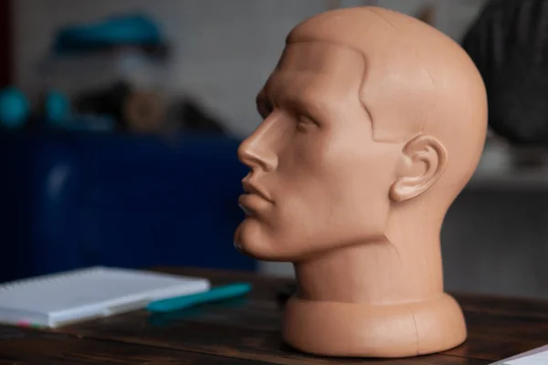 male mannequin head on a table in a studio
