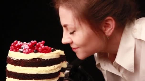 Cooking Cake Female Hands Black Gloves — Stock Video