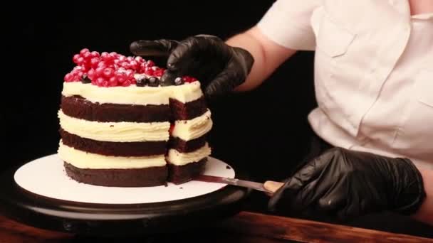 Cooking Cake Female Hands Black Gloves — Stock Video
