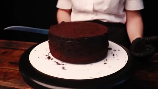 Cooking Cake Female Hands Black Gloves — Stock Video