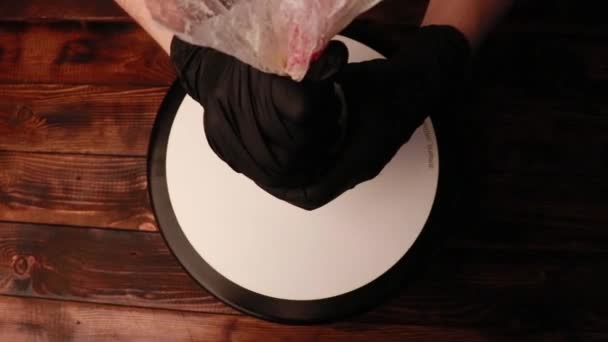 Cooking Cake Female Hands Black Gloves — Stock Video