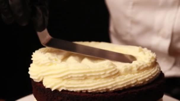 Cooking Cake Female Hands Black Gloves — Stock Video