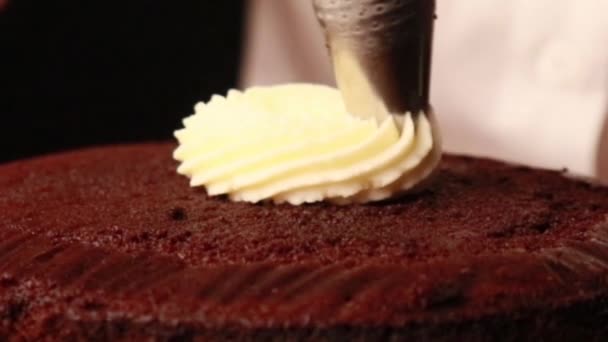 Cooking Cake Female Hands Black Gloves — Stock Video