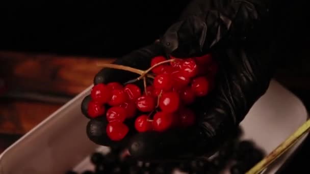 Kuchen Kochen Mit Weiblichen Händen Schwarzen Handschuhen — Stockvideo