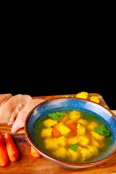 Sopa Plato Ingredientes Incluidos Una Tabla Madera — Foto de Stock