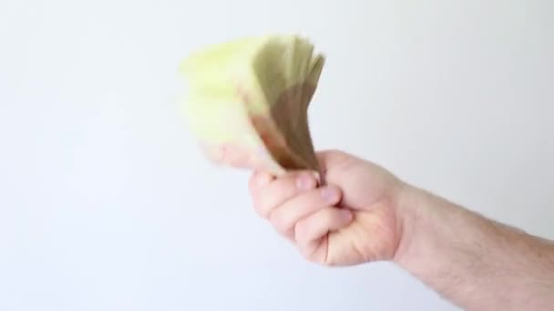 Homem Dentro Casa Tem Maço Dinheiro Mão — Vídeo de Stock