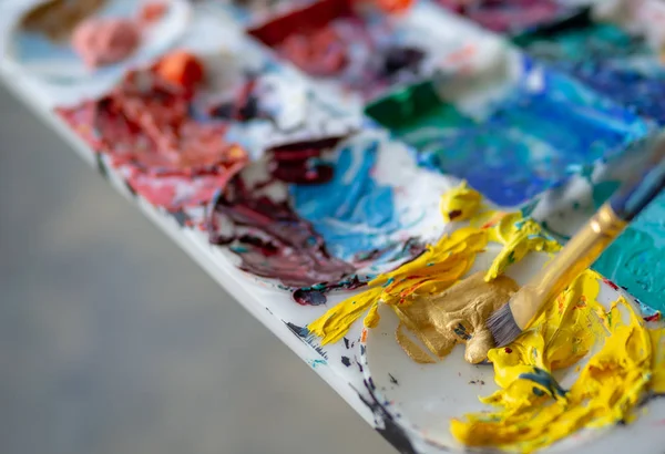 Brush Painting Acylic Color Palette — Stock Photo, Image