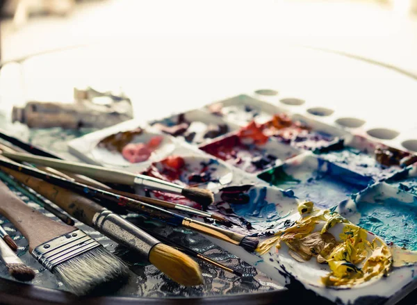 Brush Painting Acylic Color Palette — Stock Photo, Image