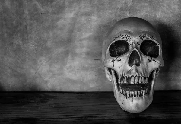 木製のテクスチャとセメント背景ホラー コンセプトを持つ人間の頭蓋骨の正面図 — ストック写真