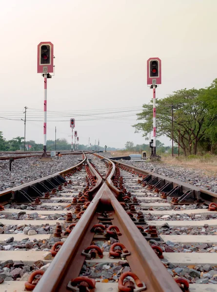 Railway Tracks Merge Traffic Light Local Train Station Landscape — Stock Photo, Image